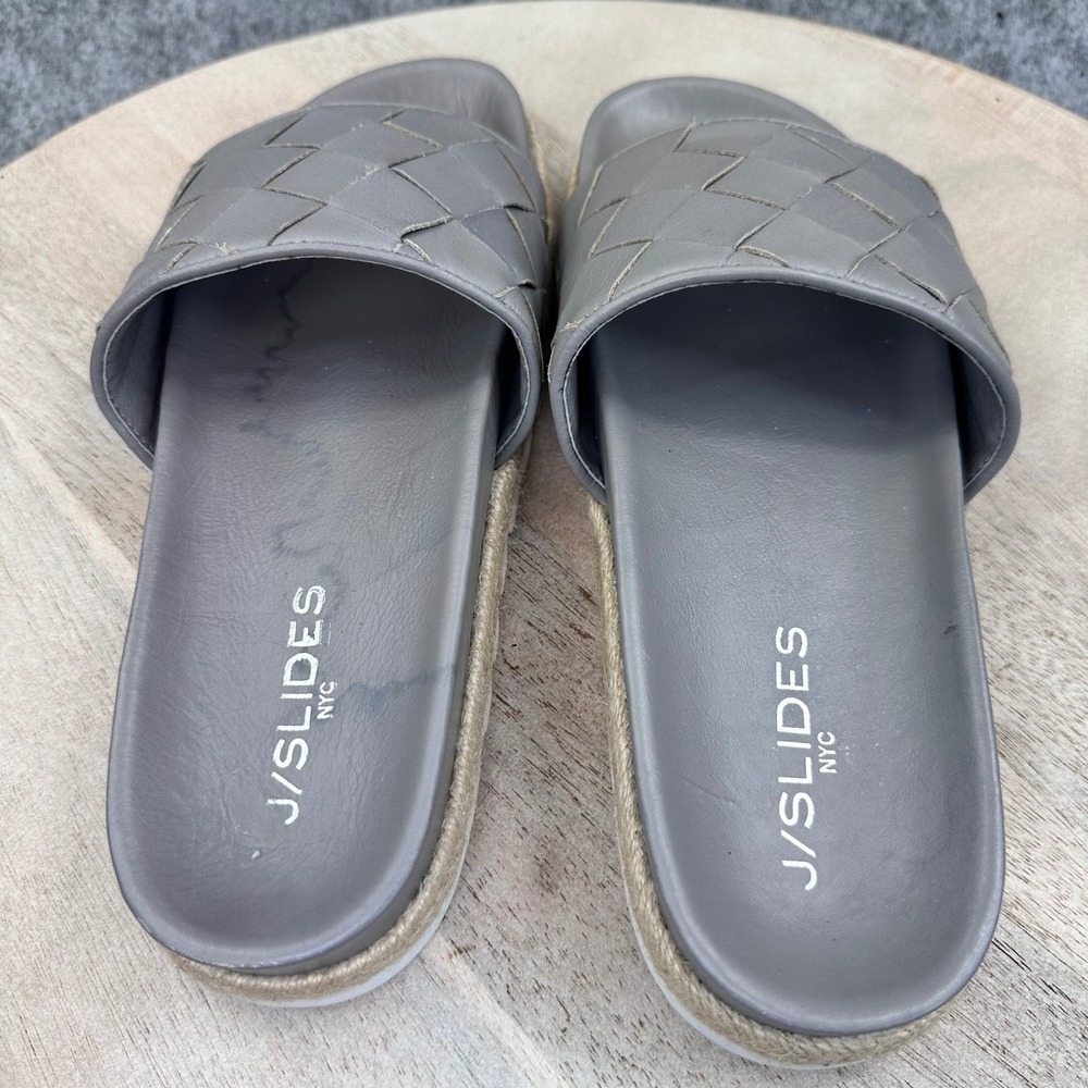 J/Slides NYC Rollie Grey Leather Woven Espadrille Platform Slides Womens 7.5 - Picture 5 of 14